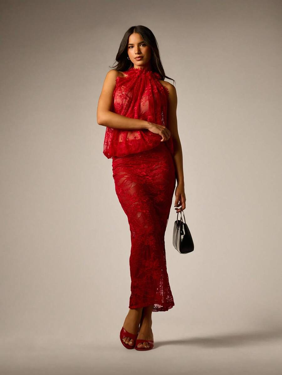 Red sheer floral lace pencil maxi skirt featuring a side split, mid waist fit, and high stretch unlined lace material for women.