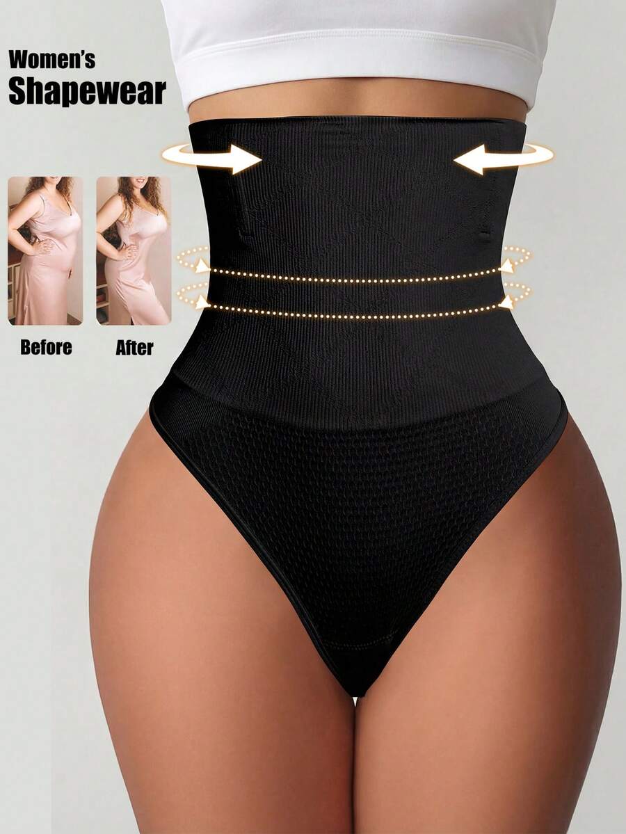 Black high waist seamless tummy control panties for women featuring high-stretch knitted fabric and contrast mesh details.