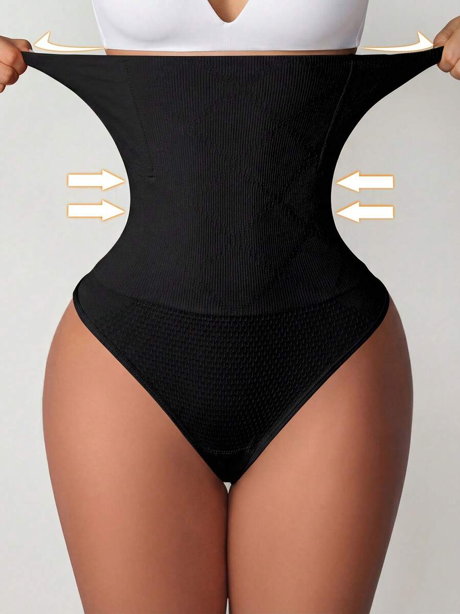 Black high waist seamless tummy control panties for women featuring high-stretch knitted fabric and contrast mesh details.