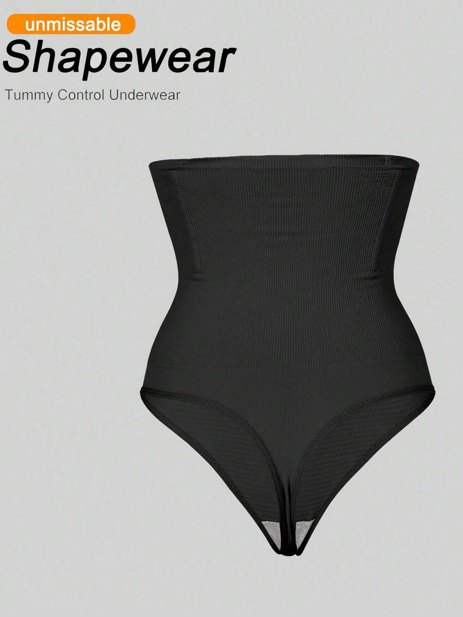 Black high waist seamless tummy control panties for women featuring high-stretch knitted fabric and contrast mesh details.