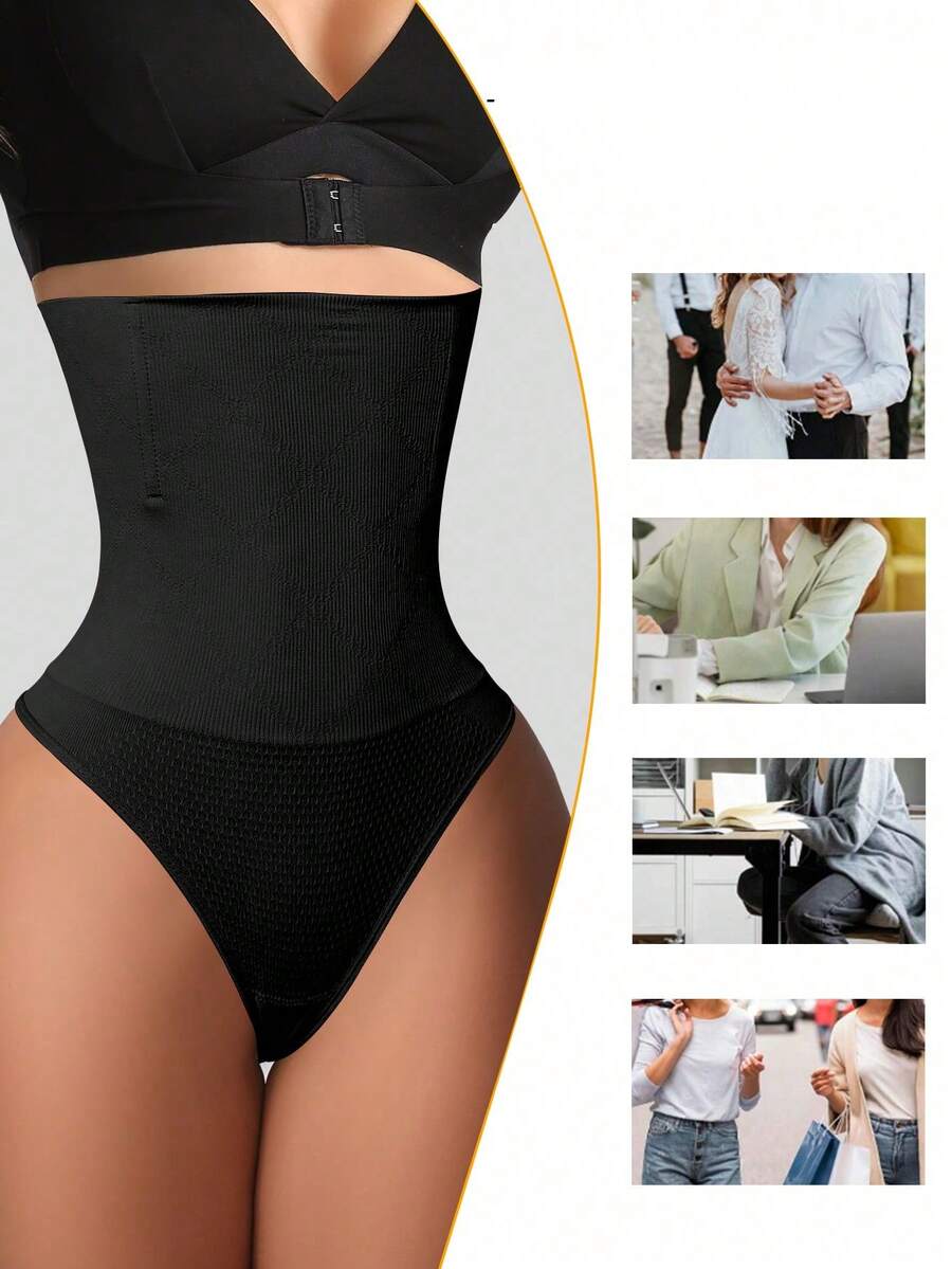 Black high waist seamless tummy control panties for women featuring high-stretch knitted fabric and contrast mesh details.
