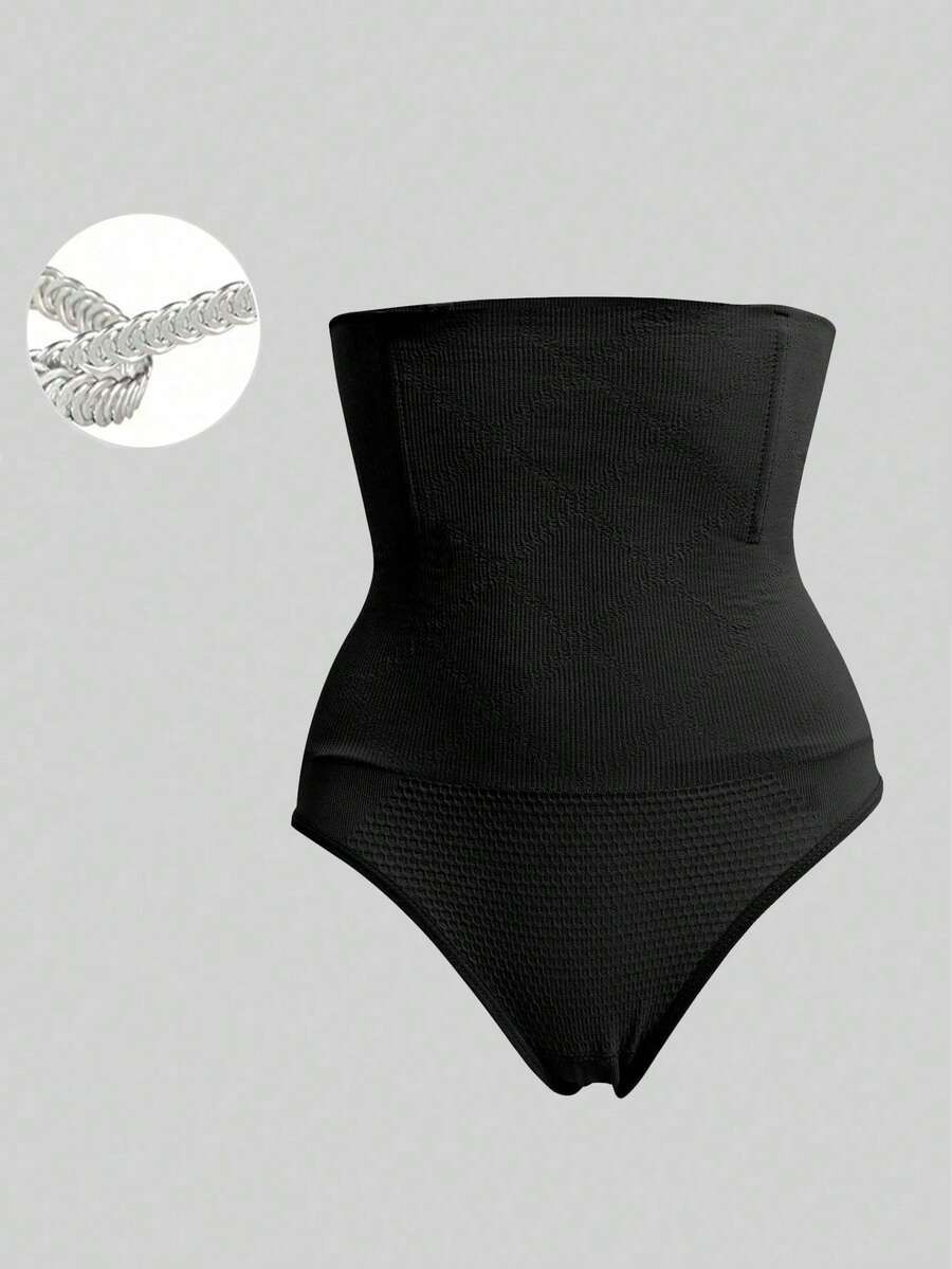 Black high waist seamless tummy control panties for women featuring high-stretch knitted fabric and contrast mesh details.