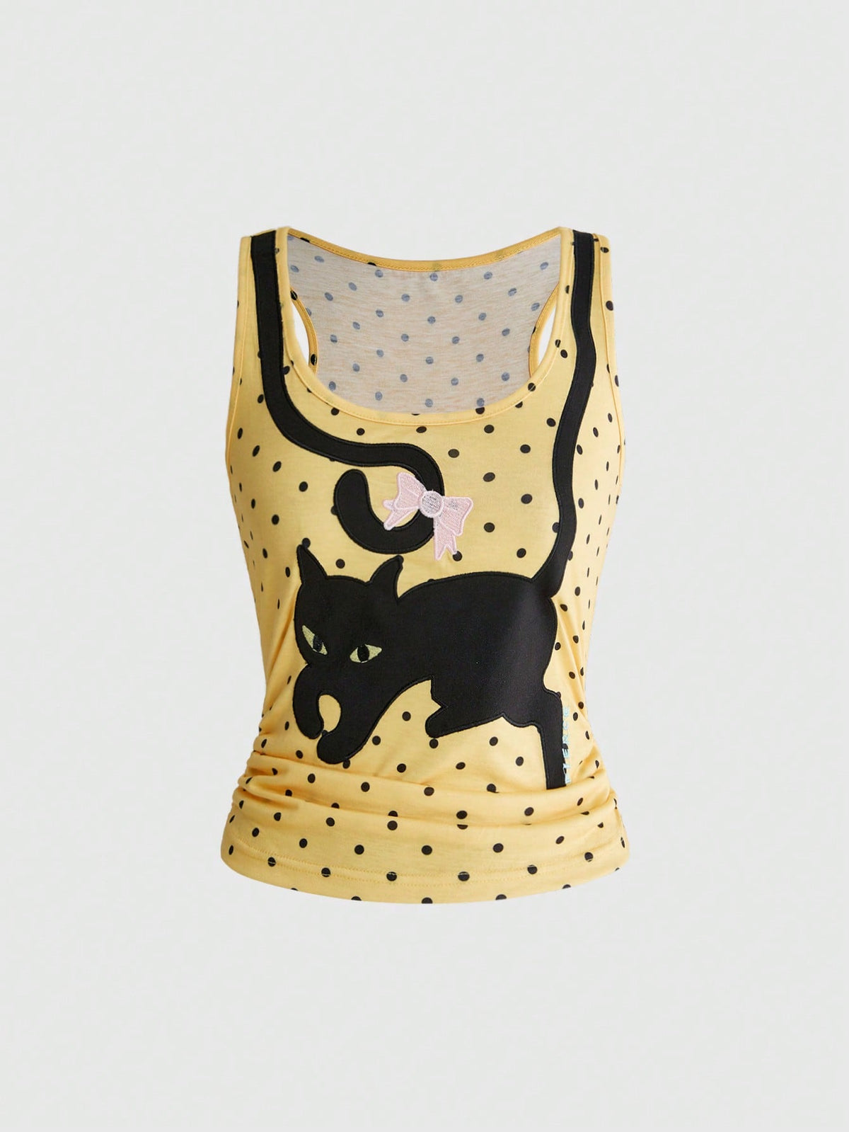White slim fit square neck polka dot camisole top featuring cat and butterfly graphic print with studded arm sleeves.
