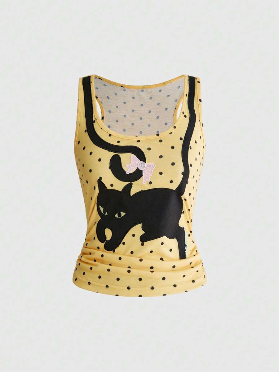 White slim fit square neck polka dot camisole top featuring cat and butterfly graphic print with studded arm sleeves.