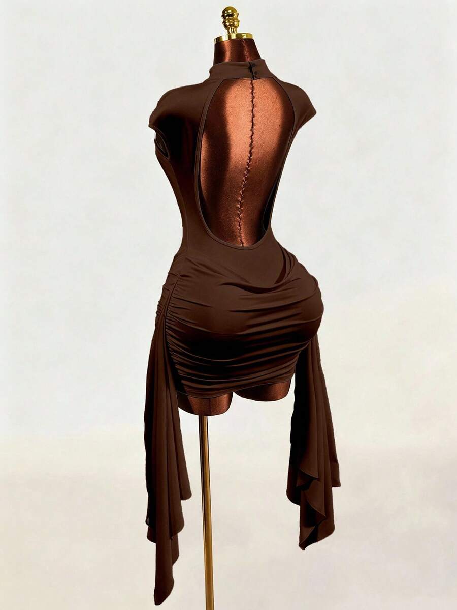 Black sleeveless Y2K bodycon mini dress featuring a backless design, ruched asymmetrical details, stand collar, and slim fit knitted fabric.