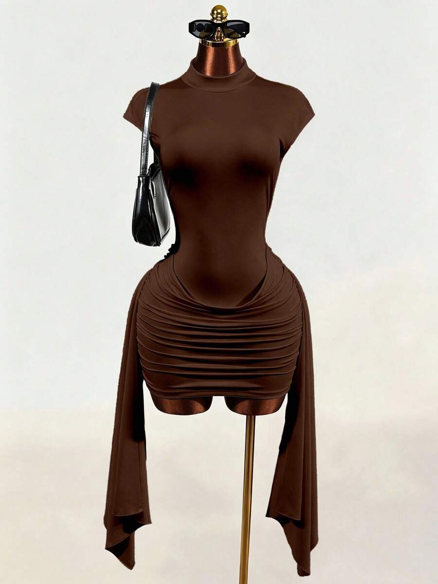 Black sleeveless Y2K bodycon mini dress featuring a backless design, ruched asymmetrical details, stand collar, and slim fit knitted fabric.