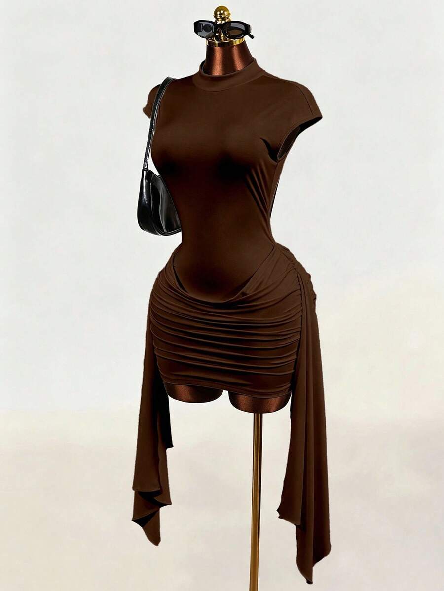 Black sleeveless Y2K bodycon mini dress featuring a backless design, ruched asymmetrical details, stand collar, and slim fit knitted fabric.