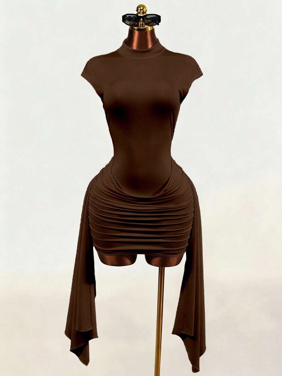 Black sleeveless Y2K bodycon mini dress featuring a backless design, ruched asymmetrical details, stand collar, and slim fit knitted fabric.