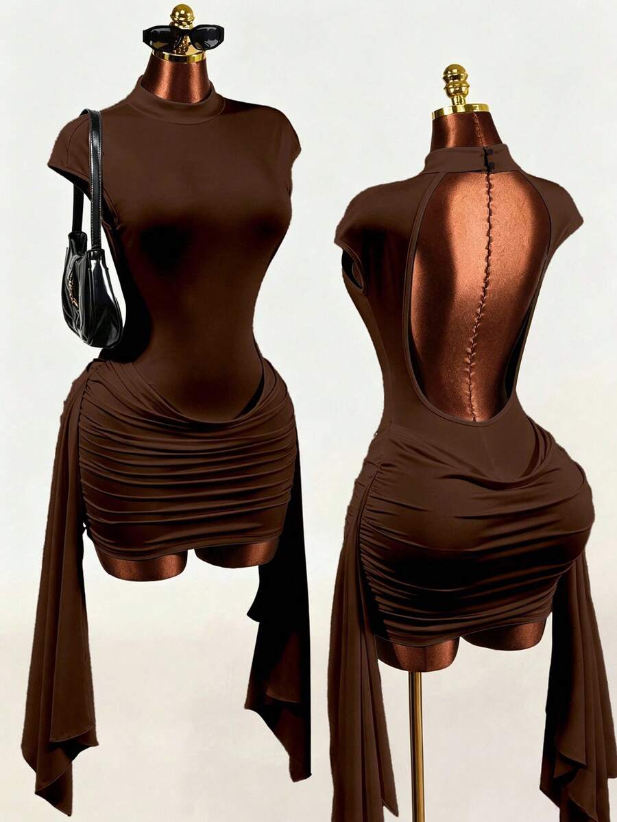Black sleeveless Y2K bodycon mini dress featuring a backless design, ruched asymmetrical details, stand collar, and slim fit knitted fabric.