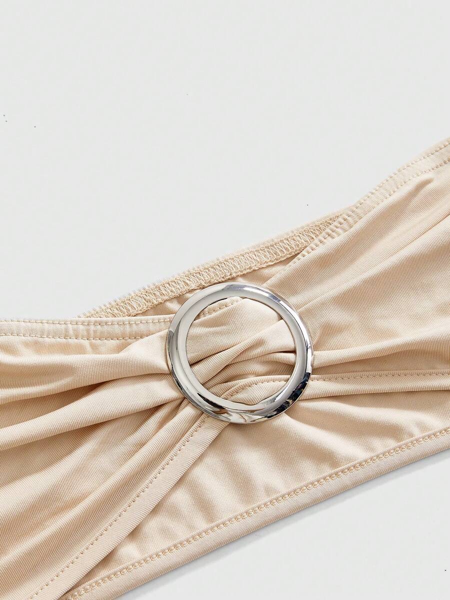 Women's cowl neck halter crop tank top featuring a draped backless design and matching bandeau inner layer.