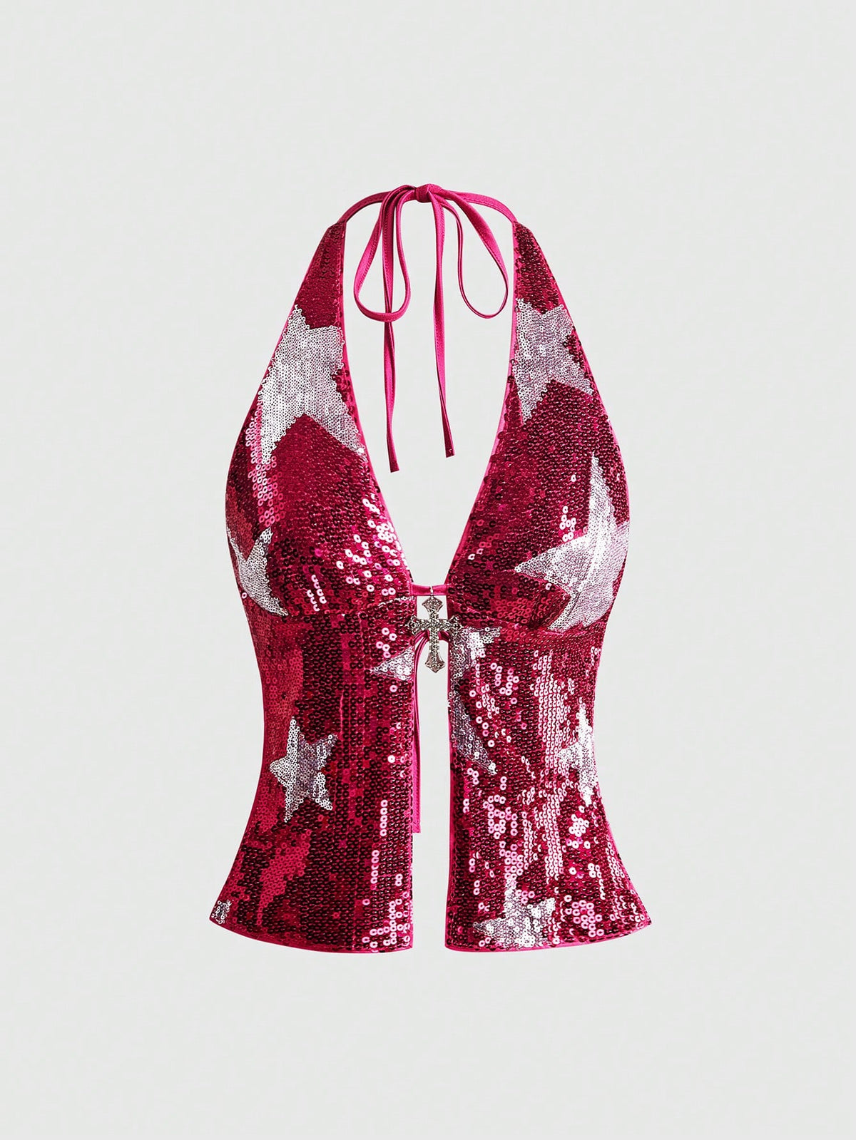Women's sequin halter tank top featuring a backless slim fit design with knot and split details.