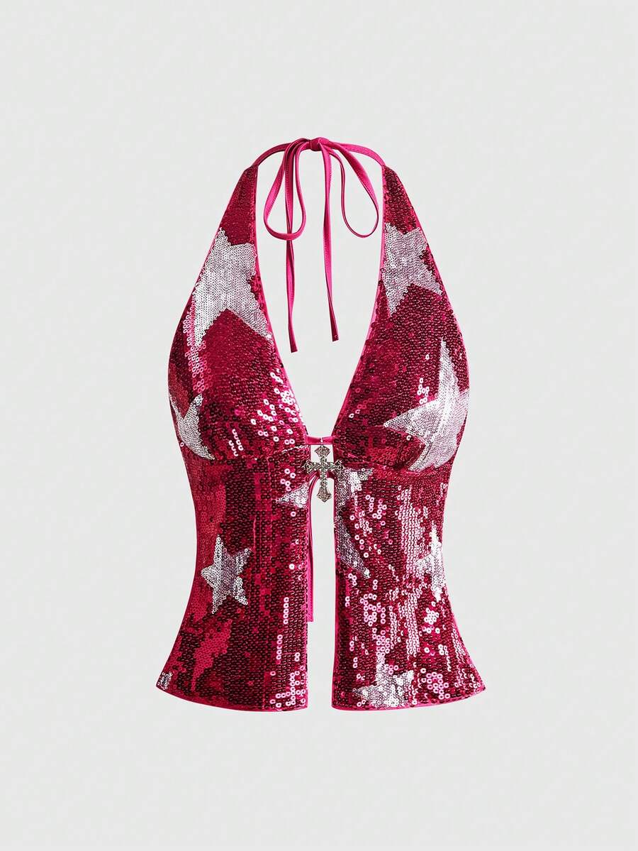 Women's sequin halter tank top featuring a backless slim fit design with knot and split details.
