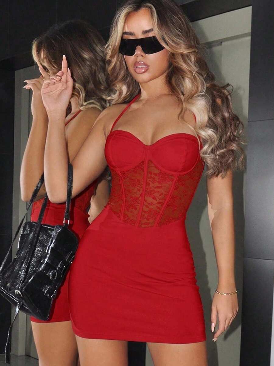 Black contrast lace bustier cami bodycon mini dress for women featuring spaghetti straps and a backless design.
