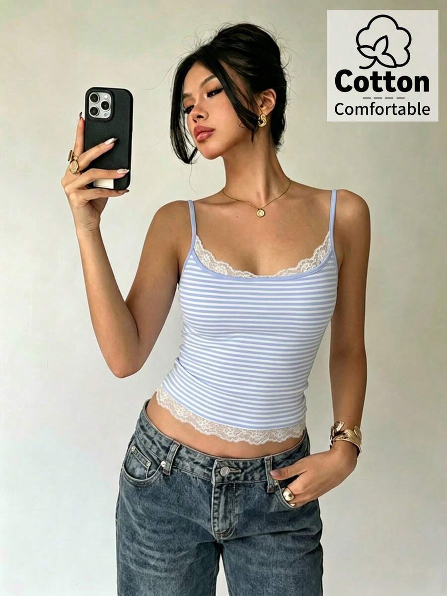 Women's blue and white striped camisole featuring white contrast lace patchwork, spaghetti straps, and a backless slim fit design.