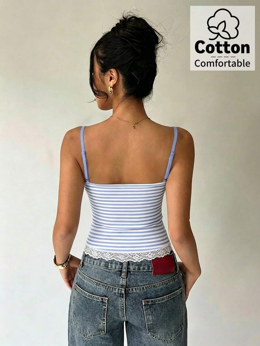 Women's blue and white striped camisole featuring white contrast lace patchwork, spaghetti straps, and a backless slim fit design.