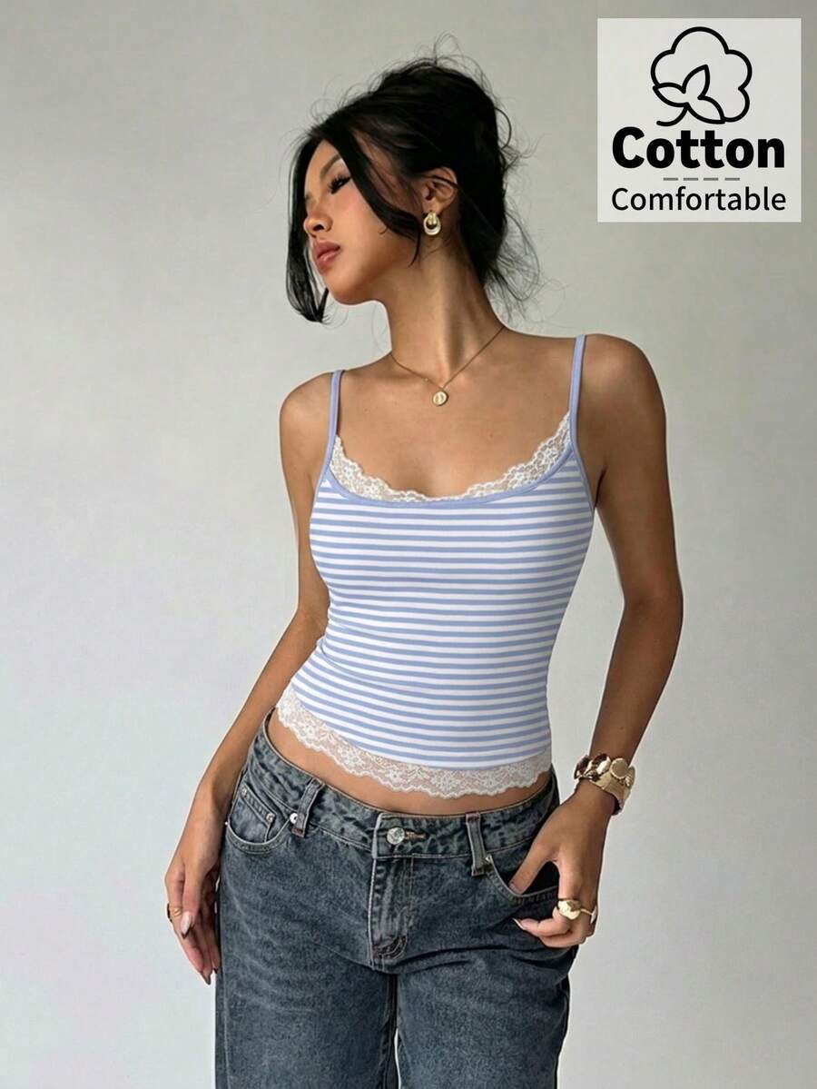 Women's blue and white striped camisole featuring white contrast lace patchwork, spaghetti straps, and a backless slim fit design.