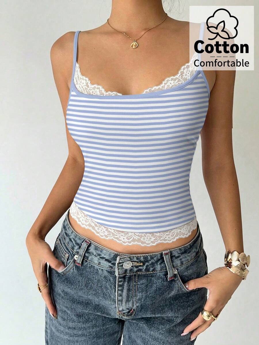 Women's blue and white striped camisole featuring white contrast lace patchwork, spaghetti straps, and a backless slim fit design.