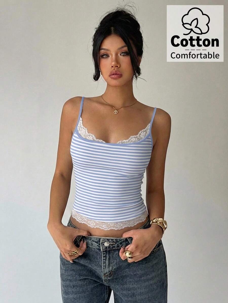 Women's blue and white striped camisole featuring white contrast lace patchwork, spaghetti straps, and a backless slim fit design.