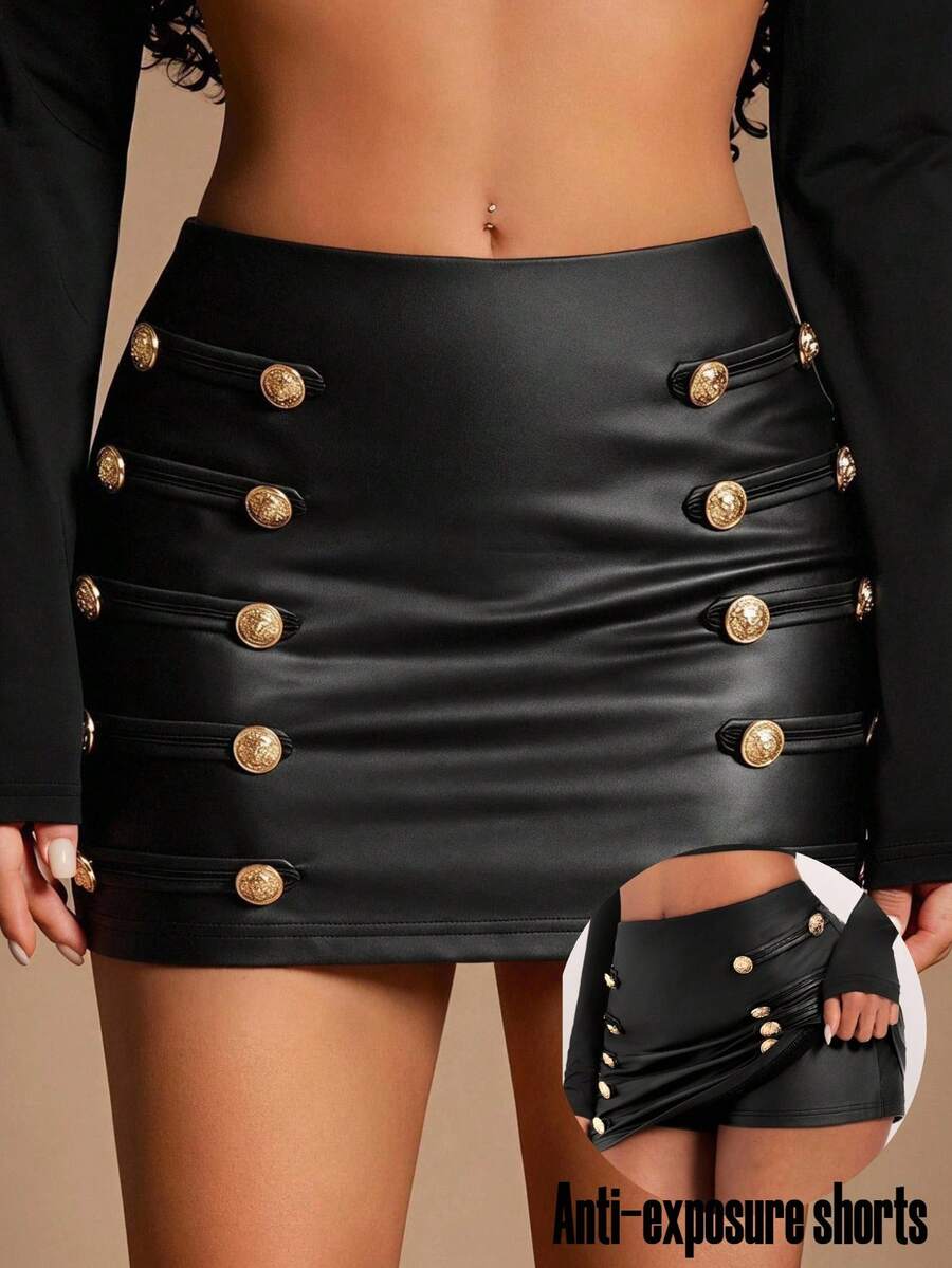 Women's black bodycon mini skort featuring a low waist, pleated side split hem, zipper closure, and built-in shorts.