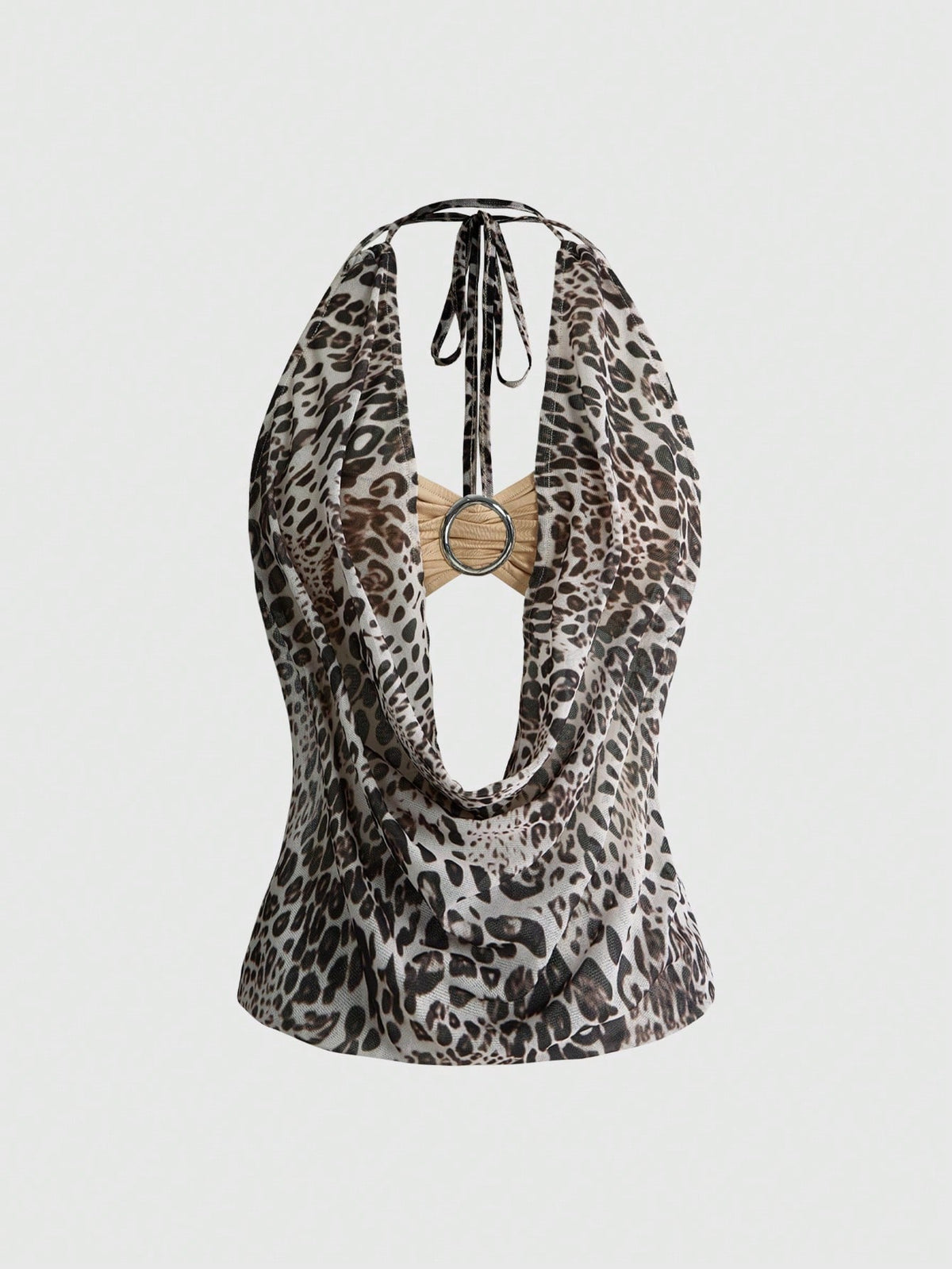 Women's cowl neck halter crop tank top featuring a draped backless design and matching bandeau inner layer.