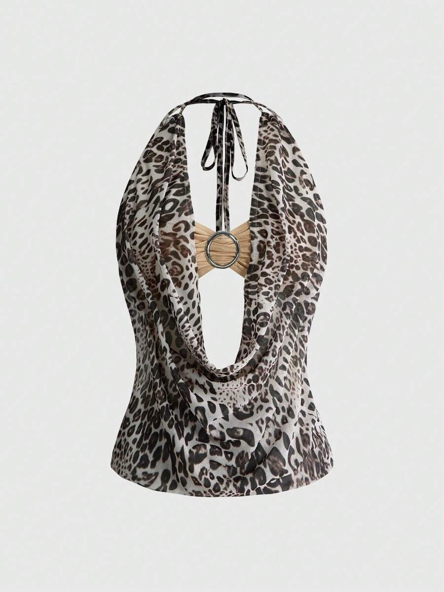 Women's cowl neck halter crop tank top featuring a draped backless design and matching bandeau inner layer.