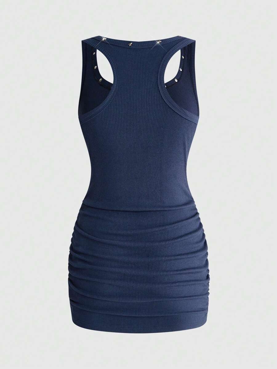 Army green short sleeve ruched bodycon mini dress for women featuring a scoop neckline and slim fit pencil hem.