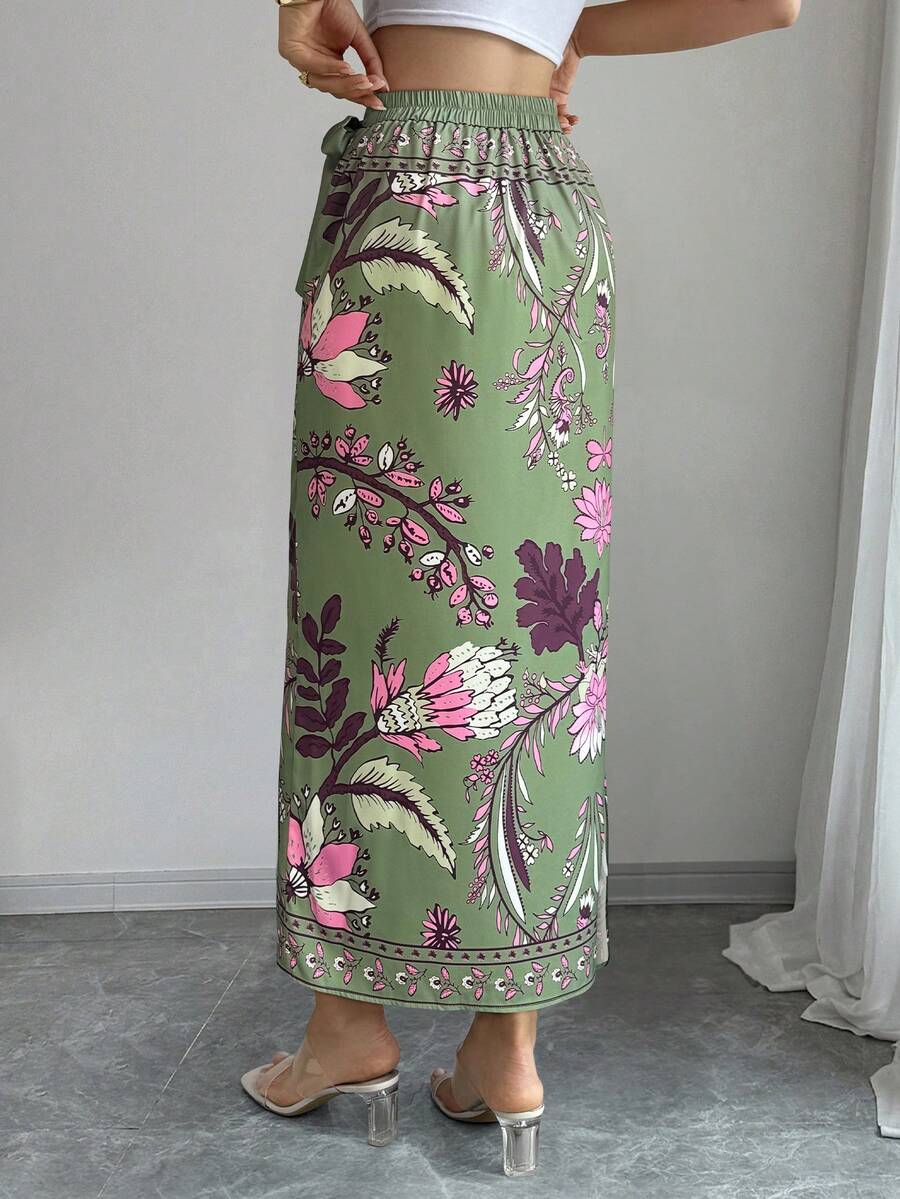 women's multicolor floral print wrap skirt featuring a high-waisted tie belt, A-line long silhouette, and boho woven fabric.
