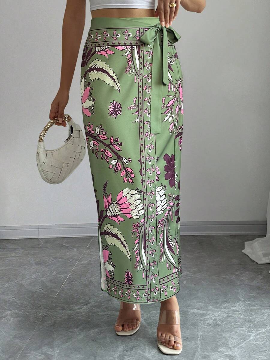 women's multicolor floral print wrap skirt featuring a high-waisted tie belt, A-line long silhouette, and boho woven fabric.