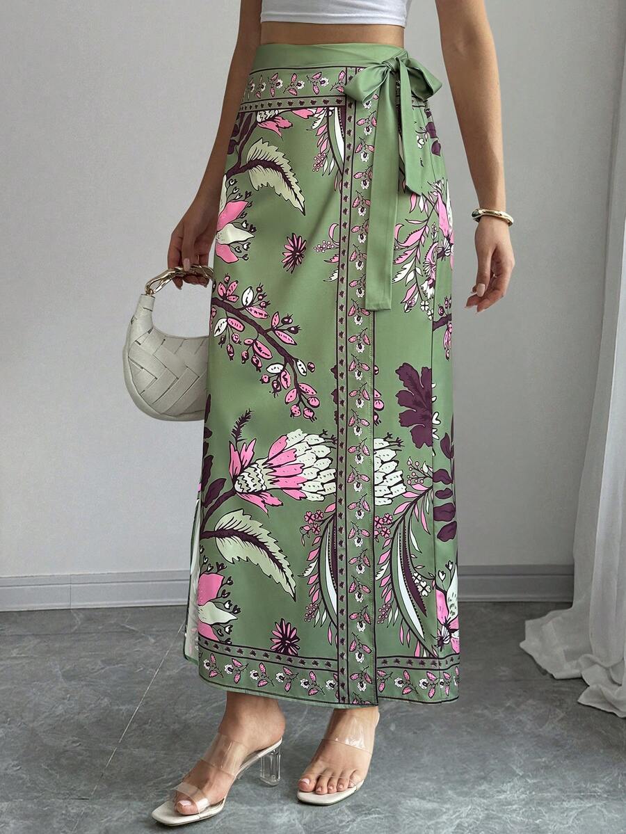 women's multicolor floral print wrap skirt featuring a high-waisted tie belt, A-line long silhouette, and boho woven fabric.
