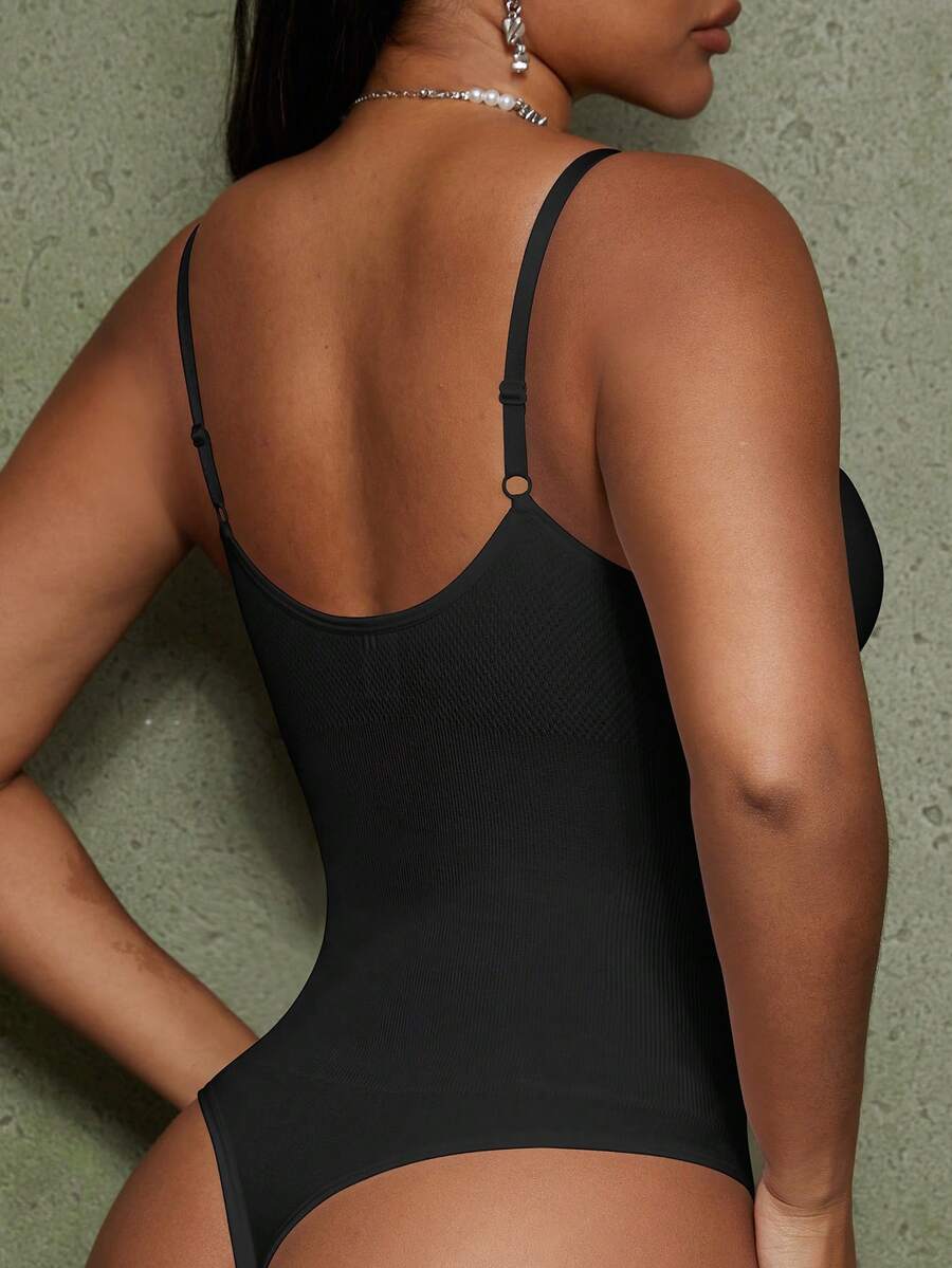 Women's backless waist shaping shapewear bodysuit in black featuring high stretch fabric and ultra light tummy support.