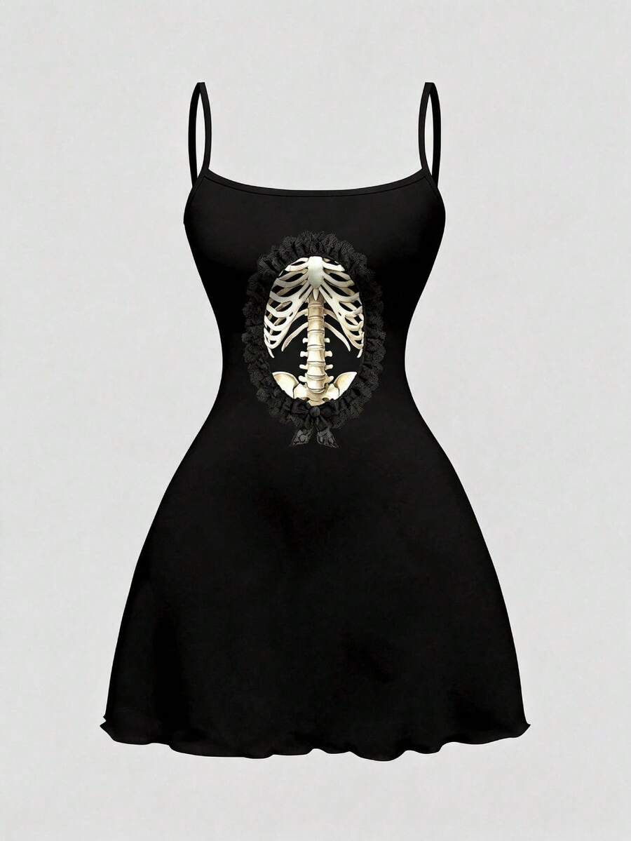 Beige graphic cami mini dress for women featuring a backless slim fit design, high waist flared hem, lettuce trim, spaghetti straps, and arm sleeves.