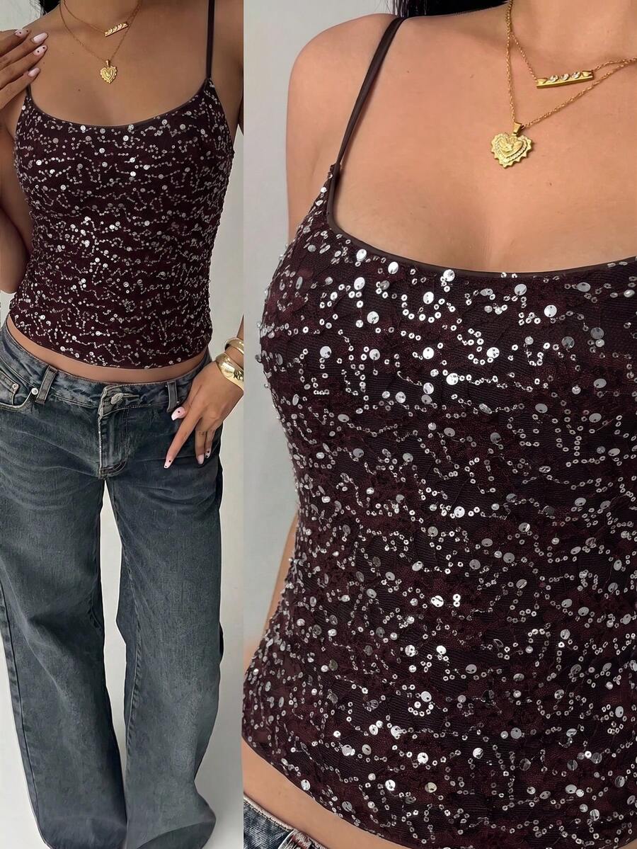 Women's sequin camisole top with spaghetti straps and a 3D rose embellishment