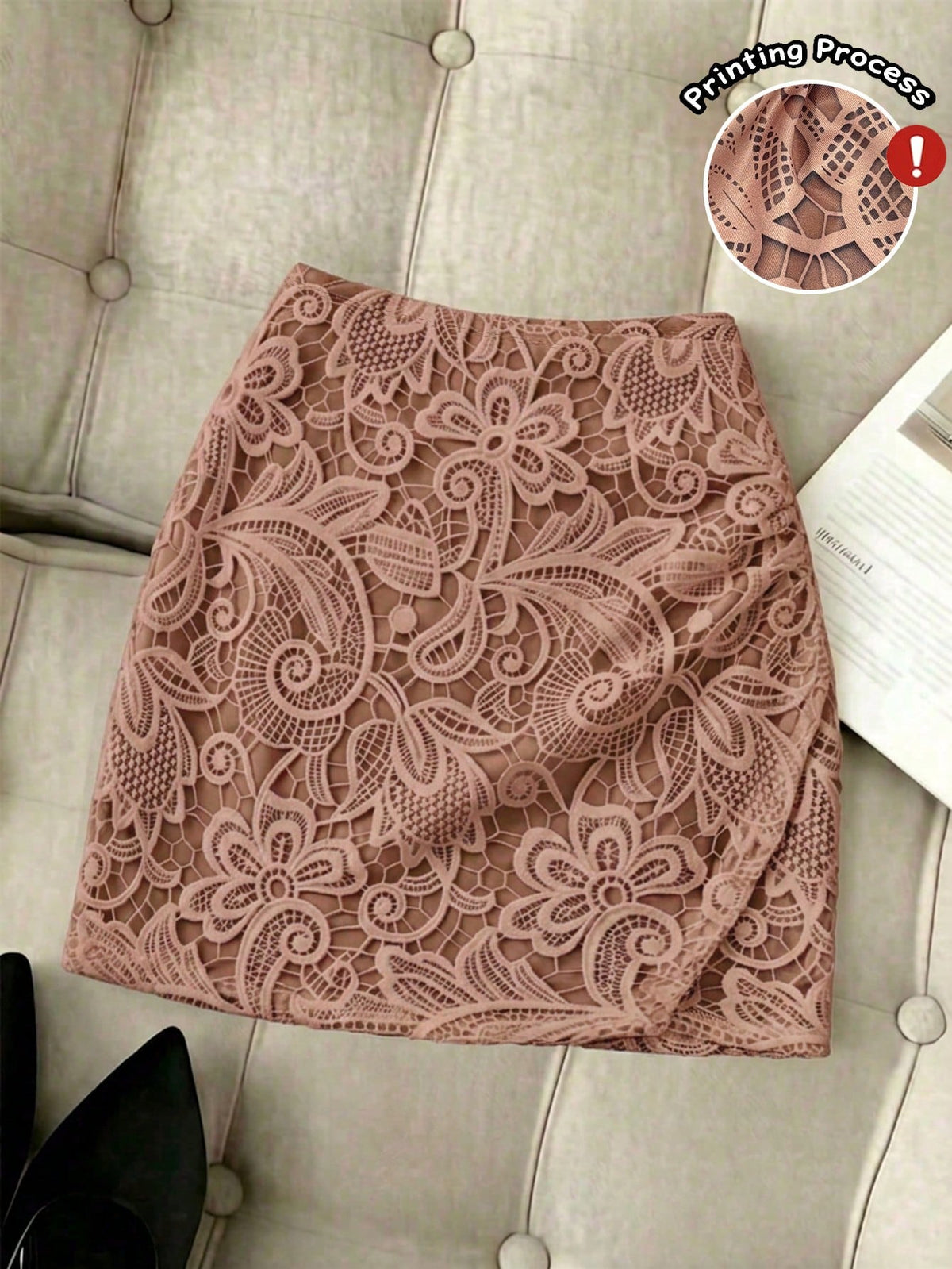 Women's short guipure lace skirt with lettuce trim and skinny mid-waist fit.