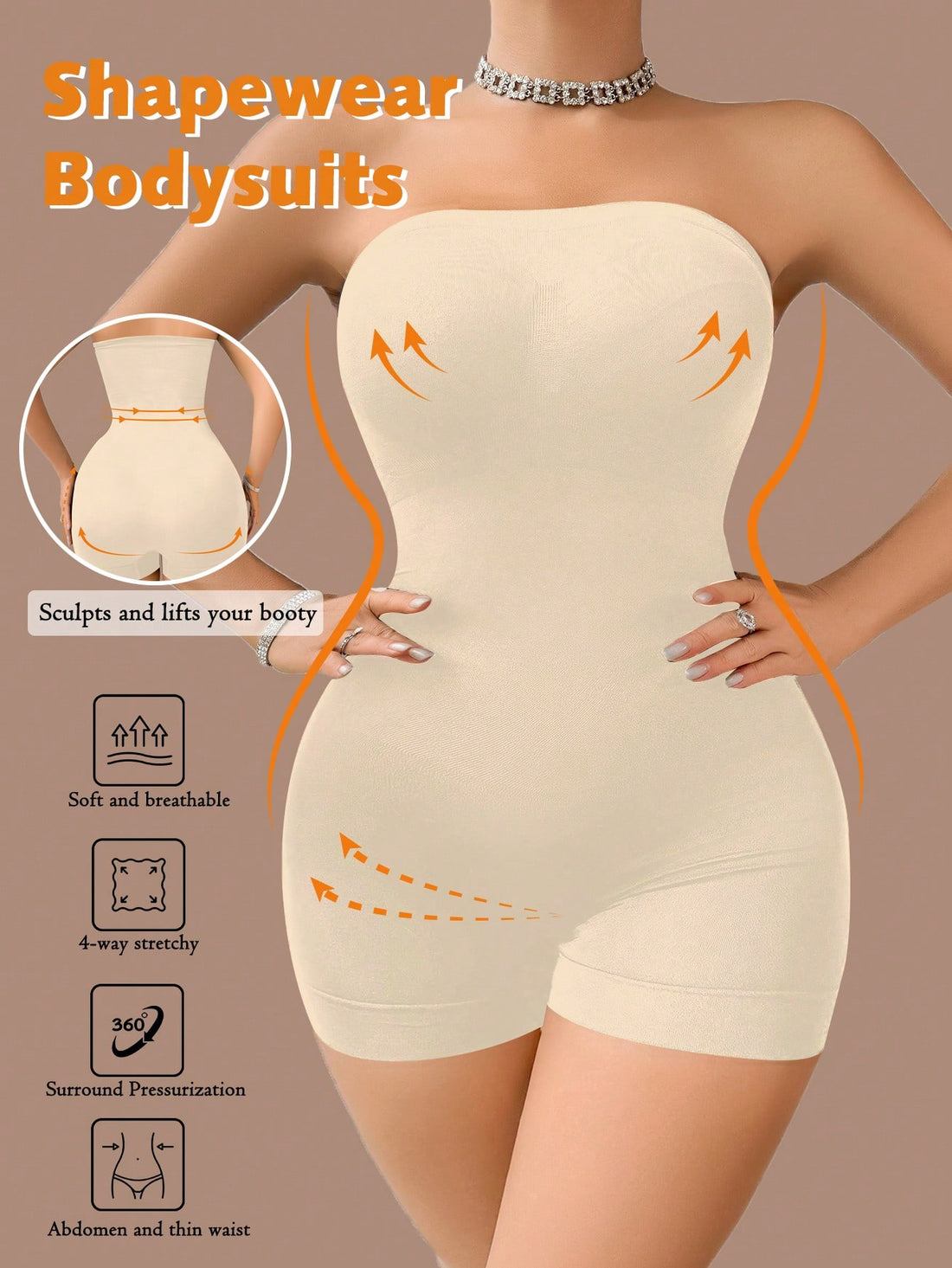 Women's seamless tummy control shapewear bodysuit with short leg length, non-removable chest padding, and ultra-light support.