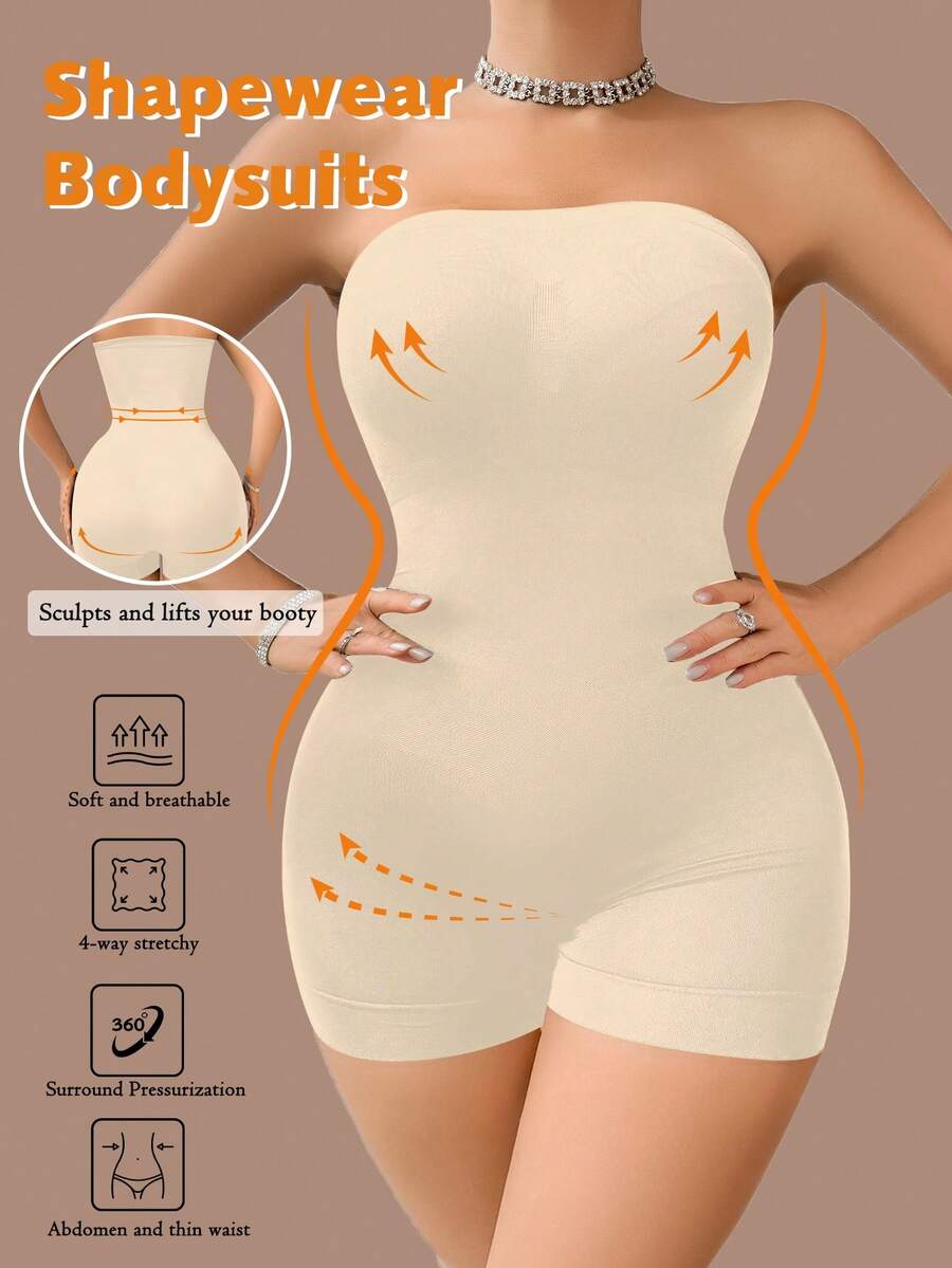 Women's seamless tummy control shapewear bodysuit with short leg length, non-removable chest padding, and ultra-light support.