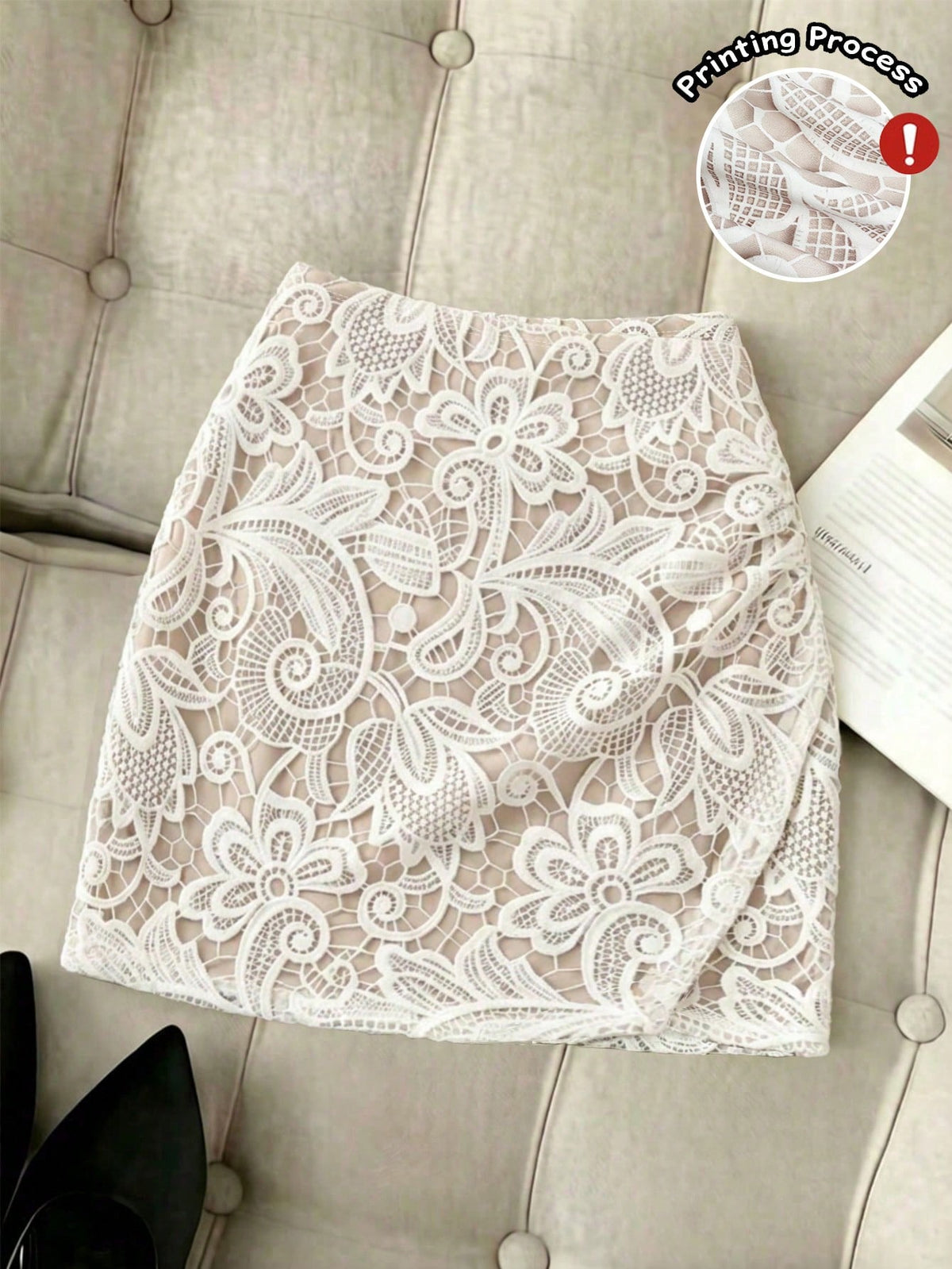 Women's short guipure lace skirt with lettuce trim and skinny mid-waist fit.