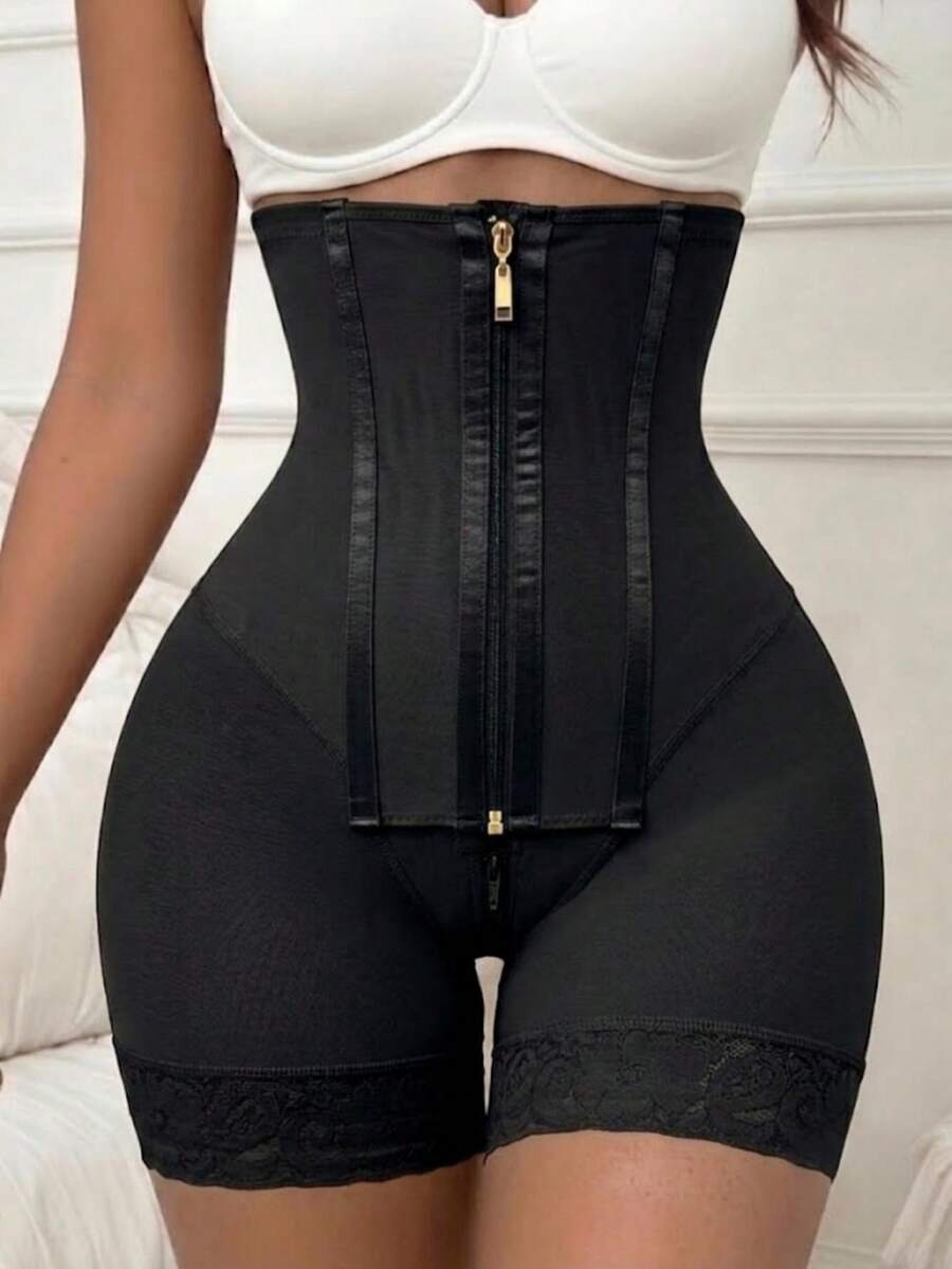 Women's high waist shaping shorts in apricot with zipper closure and tummy control features.