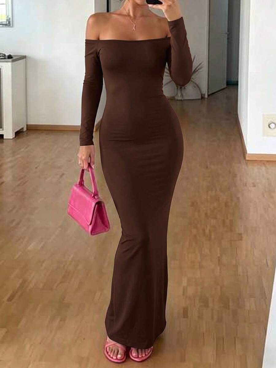 Women's coffee long sleeve off-the-shoulder knitted bodycon maxi dress with slim fit and mermaid hem