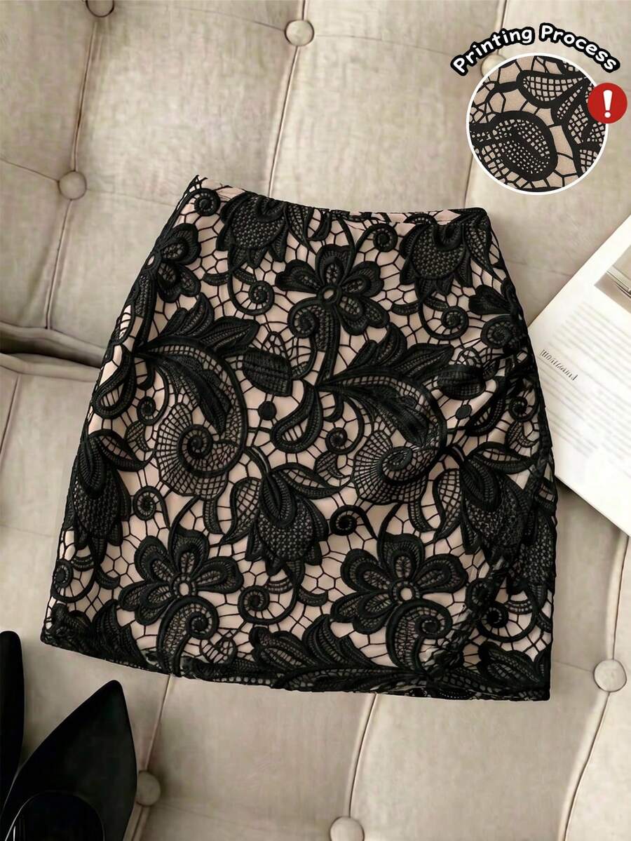 Women's short guipure lace skirt with lettuce trim and skinny mid-waist fit.