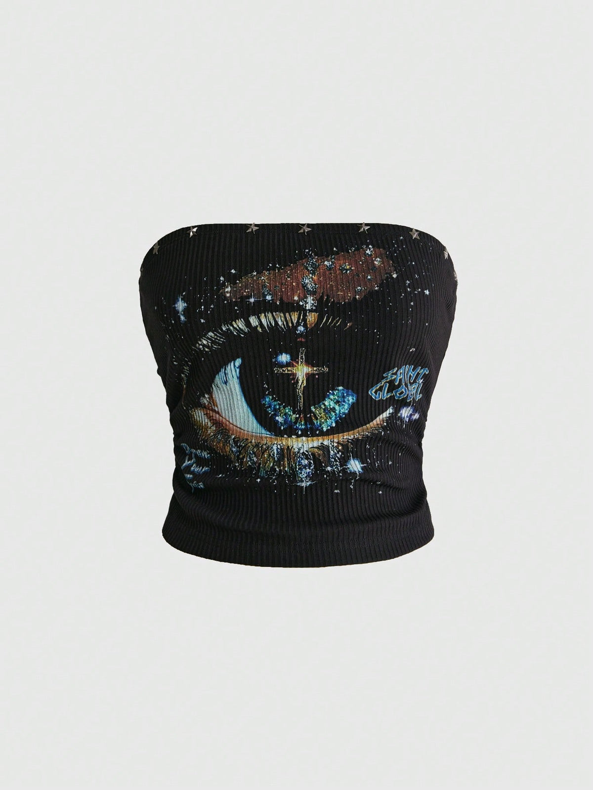 Black ribbed knit strapless crop tube top with an eye graphic print and star decor for women.