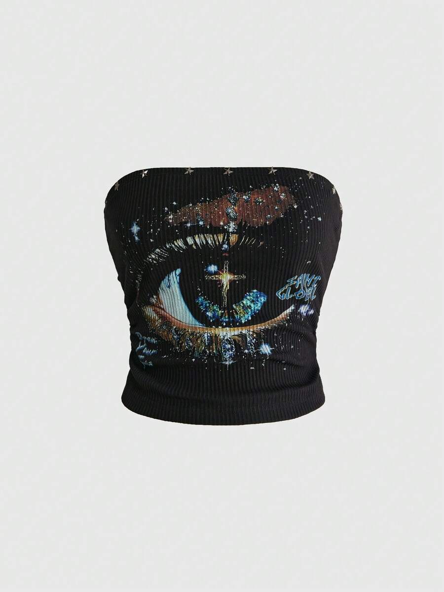 Black ribbed knit strapless crop tube top with an eye graphic print and star decor for women.