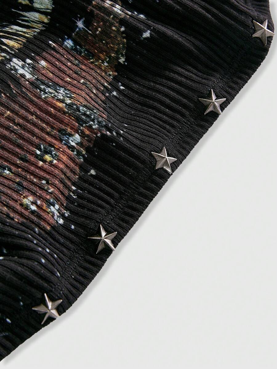 Black ribbed knit strapless crop tube top with an eye graphic print and star decor for women.
