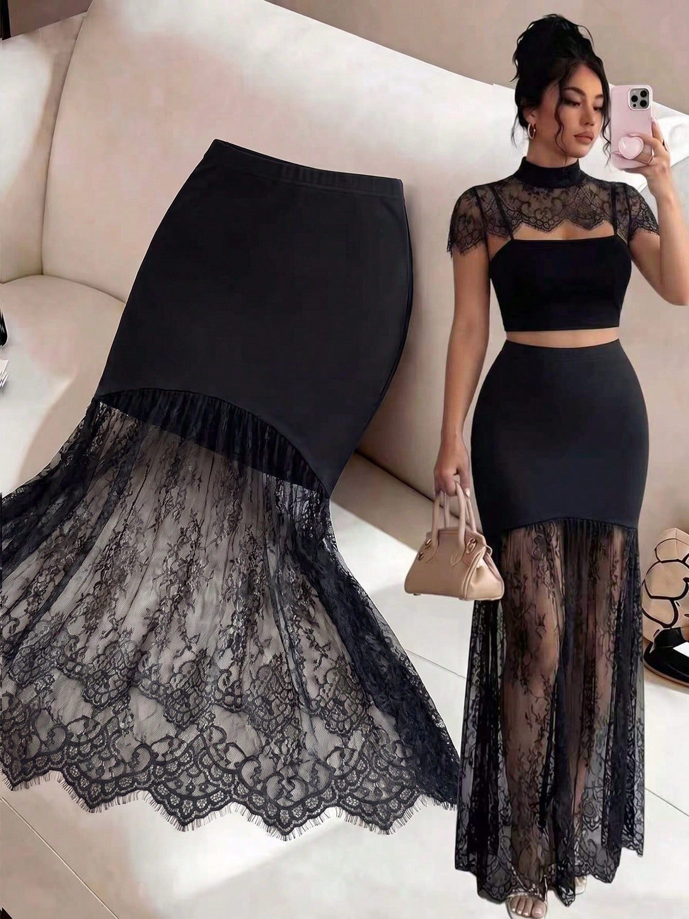 women's black high waist contrast lace fishtail maxi skirt with mermaid silhouette