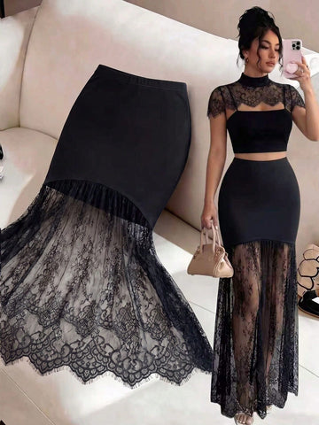 women's black high waist contrast lace fishtail maxi skirt with mermaid silhouette