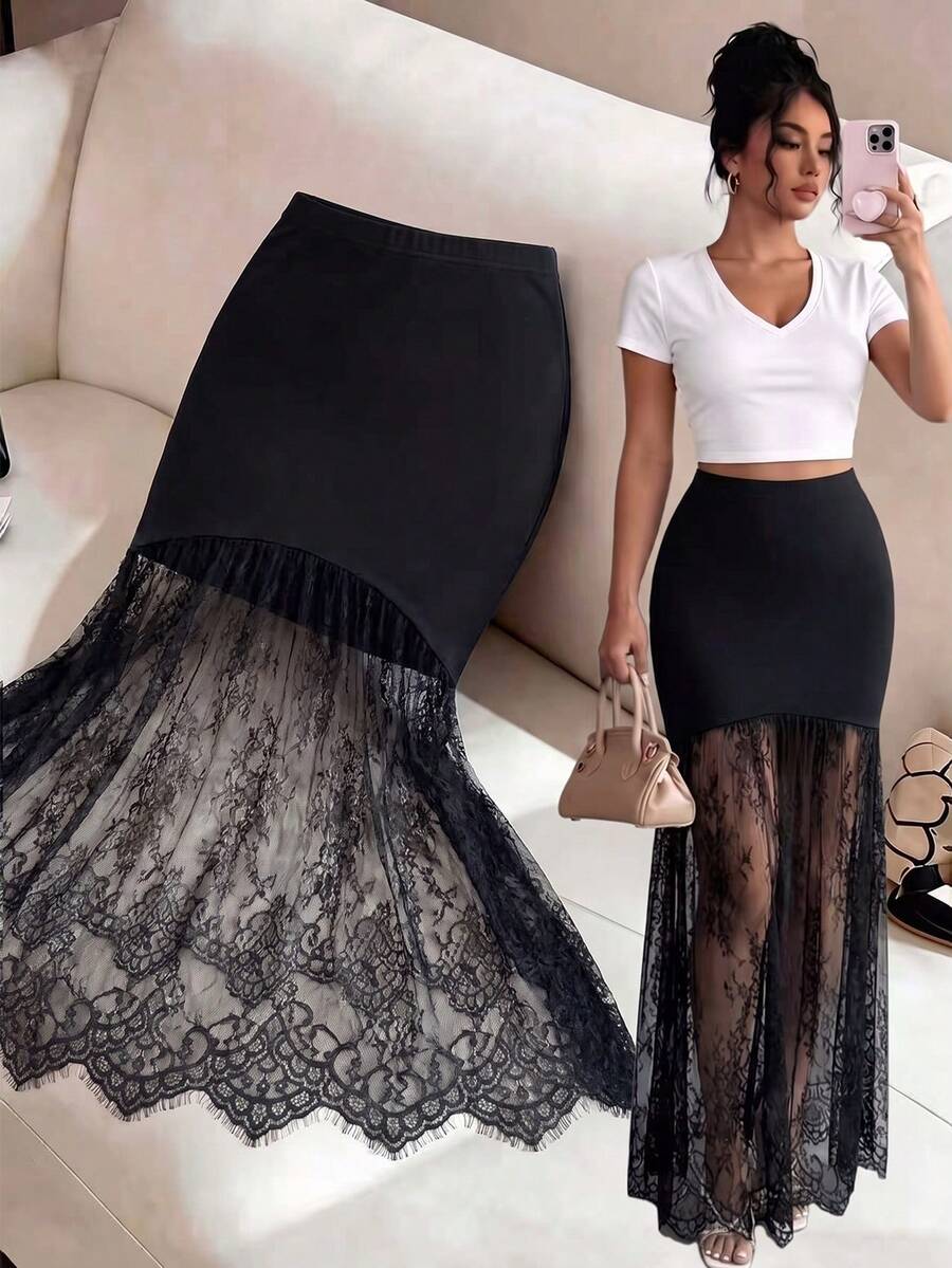 women's black high waist contrast lace fishtail maxi skirt with mermaid silhouette