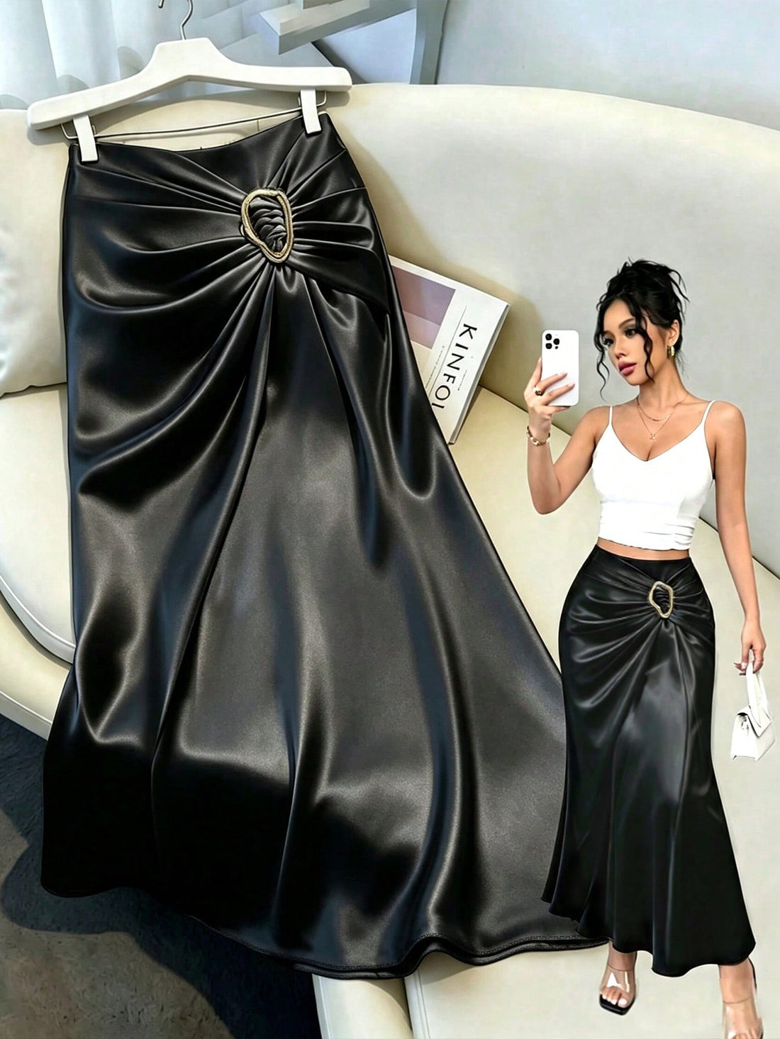 Women's elegant black long A-line skirt featuring woven satin ribbon design and metal buckle detail.