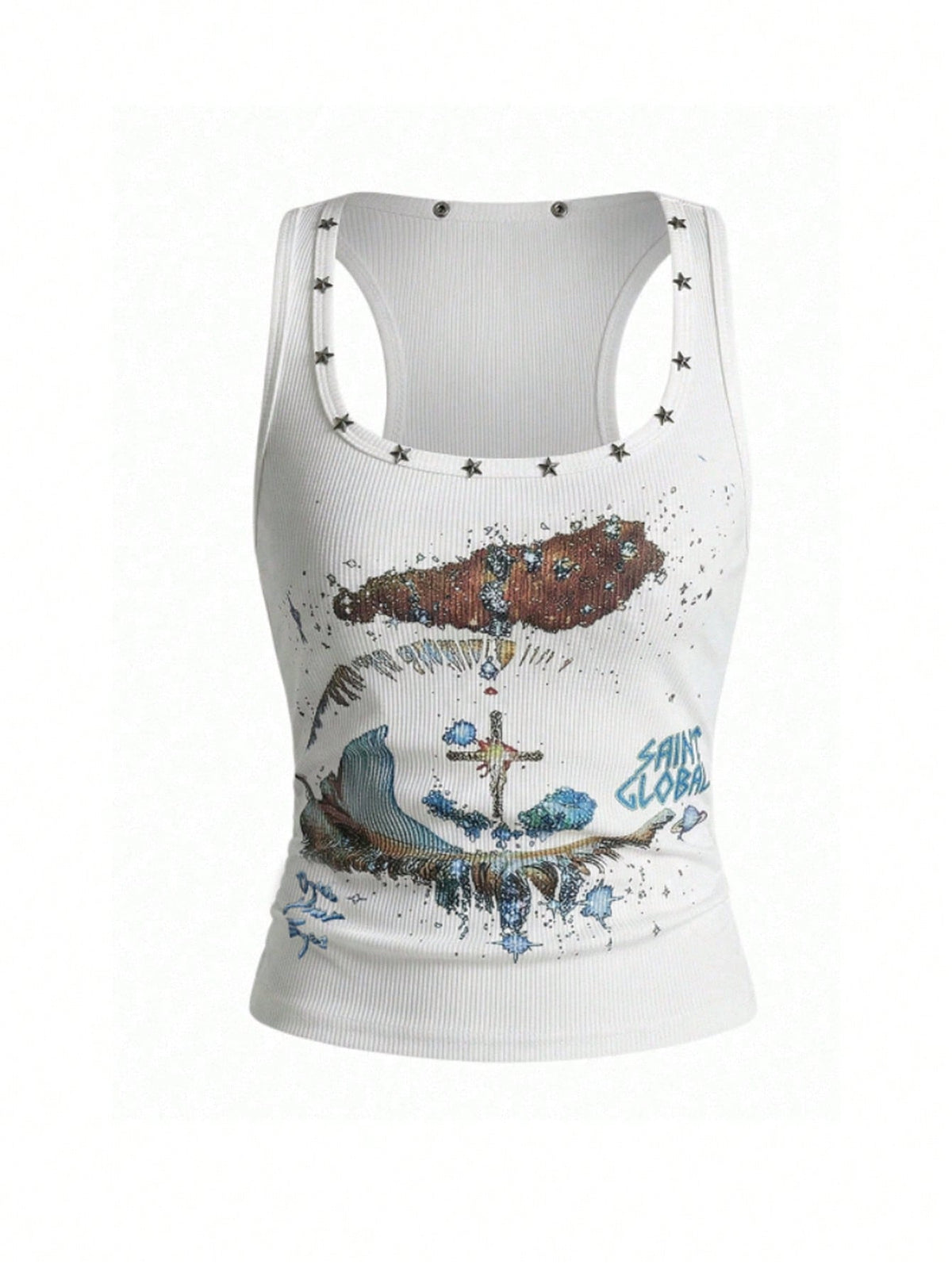 Women's black slim fit tank top featuring a starry sky rivet print and square neckline.