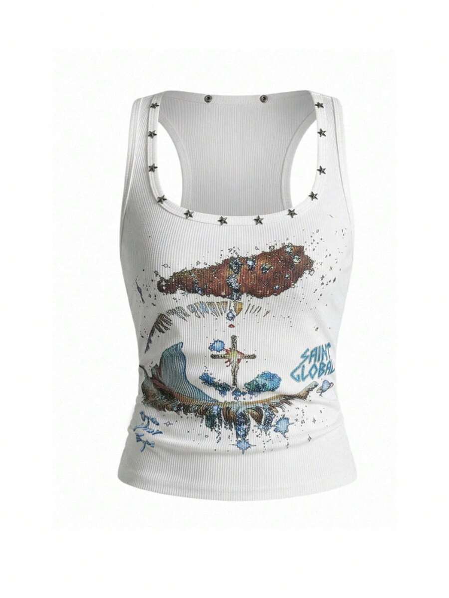 Women's black slim fit tank top featuring a starry sky rivet print and square neckline.