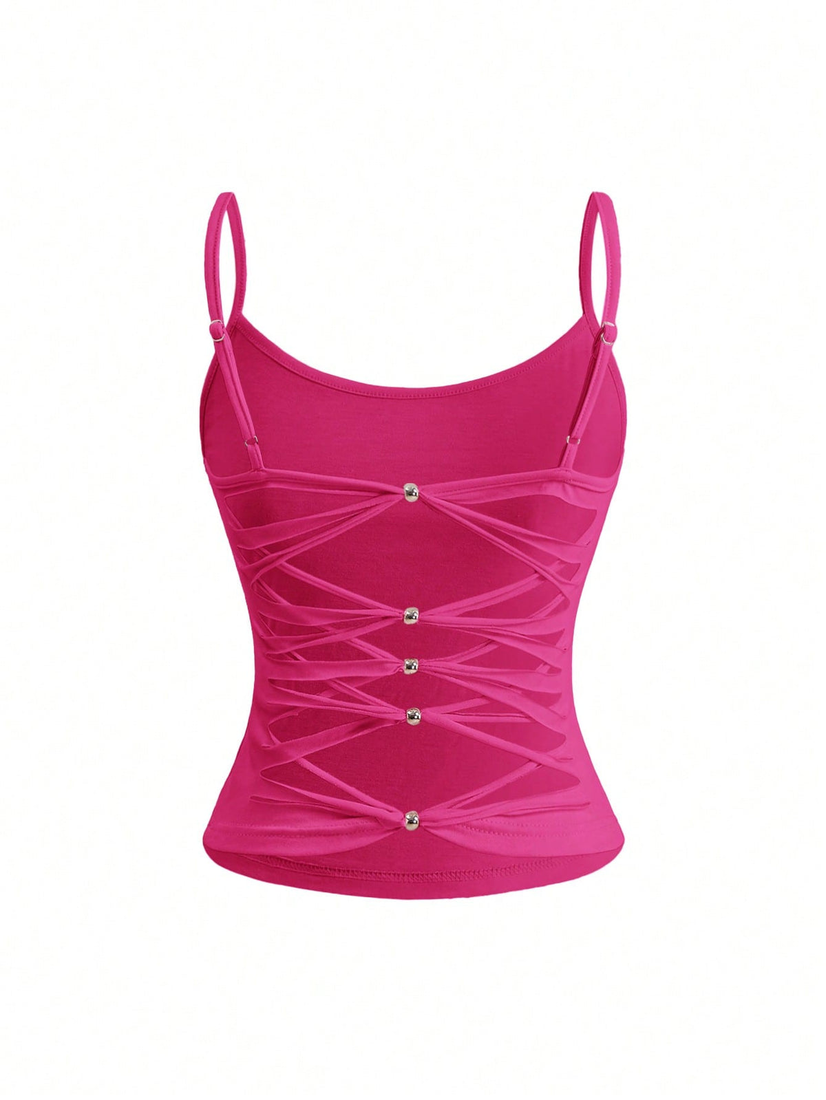 Woman wearing a black backless halter tank top with criss-cross details and textured knit fabric