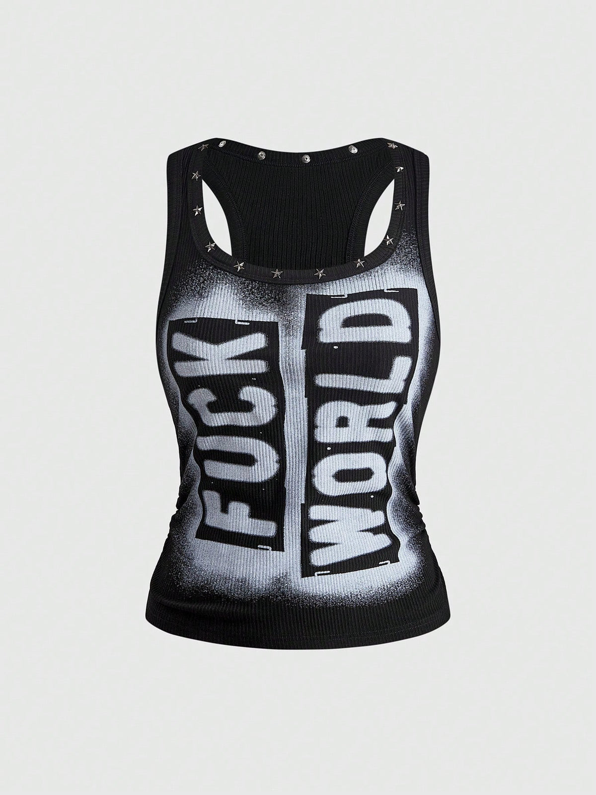 Women's black slim fit tank top featuring a starry sky rivet print and square neckline.